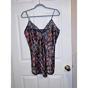Vintage MYONNE Black Floral Print Baby Doll Sz L Made in USA